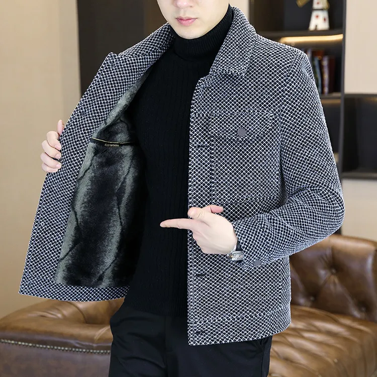 秋冬季毛呢外套男短款翻领格子休闲加绒加厚男士夹克潮流呢子大衣