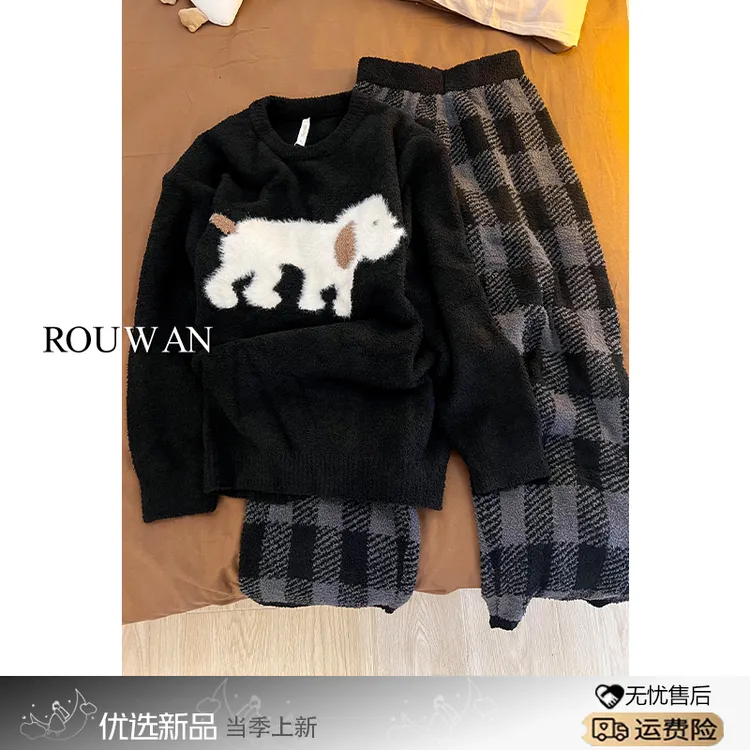 韩系可爱小狗软糯半边绒睡衣女秋冬季加厚加绒保暖家居服套装外穿