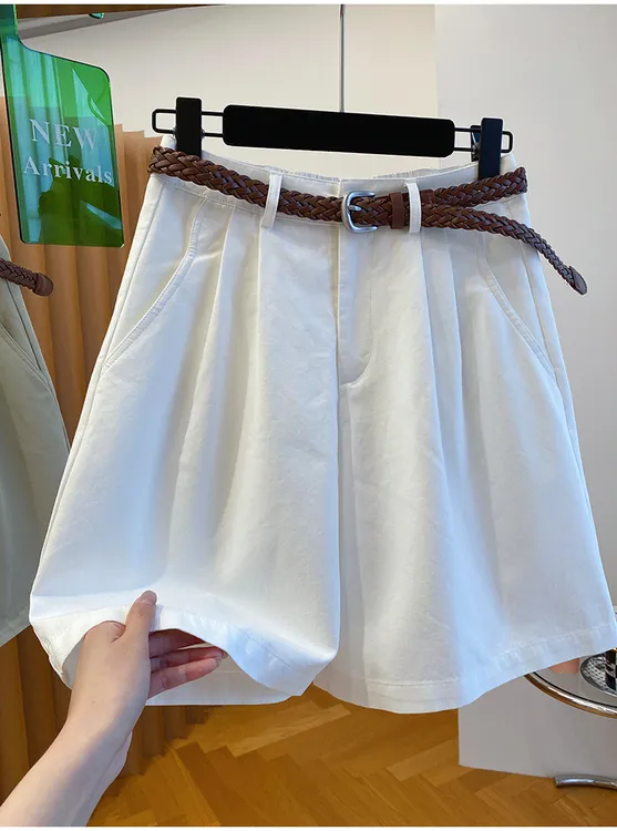 女2025年春季新款韩版ins港味复古简约休闲短裤外穿高腰a字阔腿裤