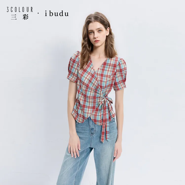 三彩ibudu2025秋季新款格纹雪纺衫泡泡袖V领短款女