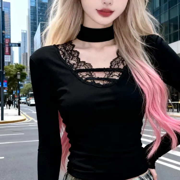 纯欲设计感磨毛蕾丝拼接V领正肩长袖加绒内搭秋冬季高级感打底衫