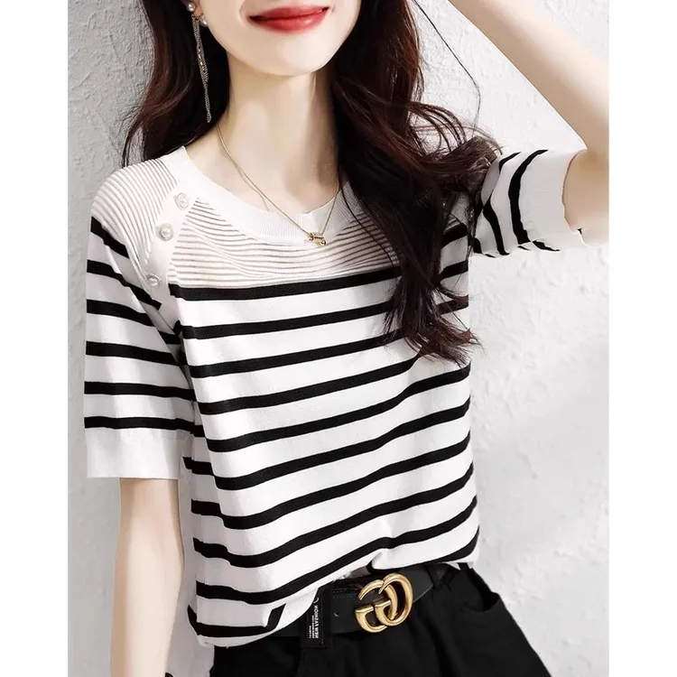 2024夏季新款女短袖条纹针织衫气质百搭冰丝T恤