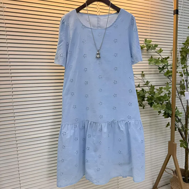 连衣裙女时尚薄款宽松法式高级感蕾丝短袖新款2025夏季中长A字裙