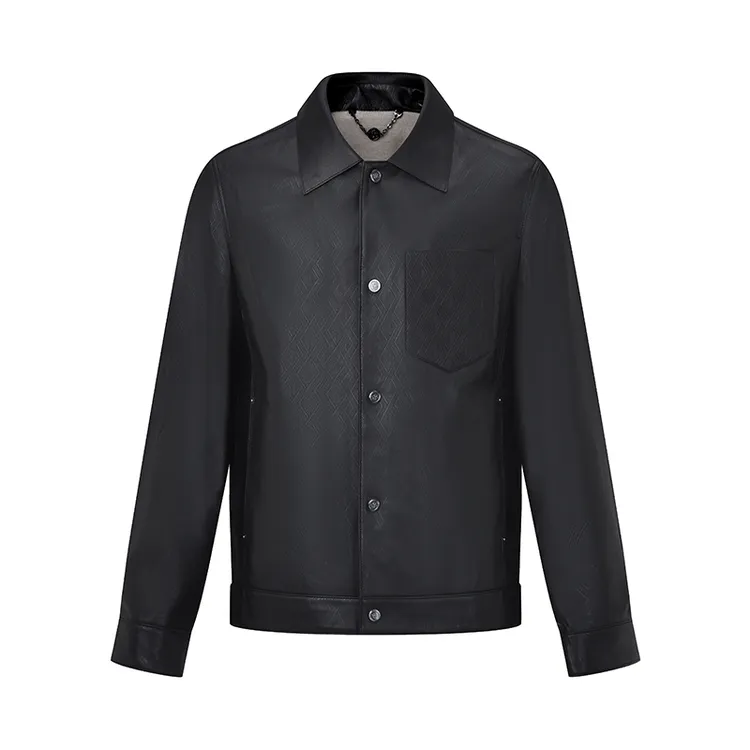 RARE威雅2025秋冬新款黑色时尚翻领设计暗纹皮面logo工艺皮衣外套