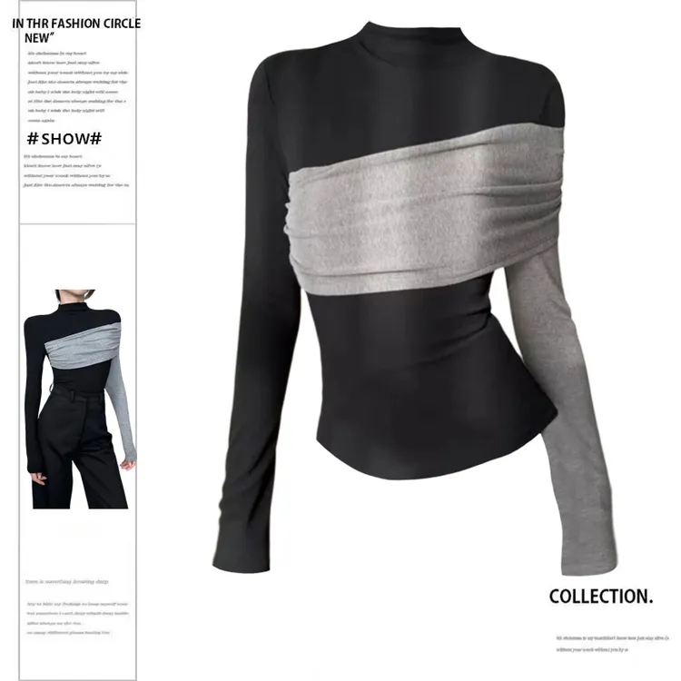 半高领秋冬拼接拼色T恤女修身显瘦上衣2024年时尚洋气长袖打底衫