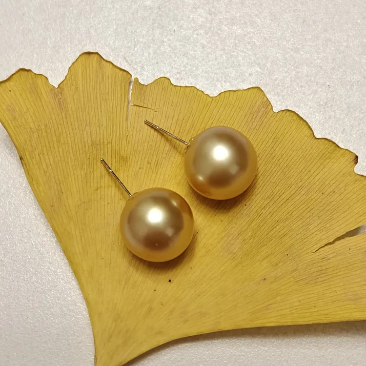 12-13mm天然海水金珍珠南洋金珠18k金素钉耳钉正圆极光浓茶金色
