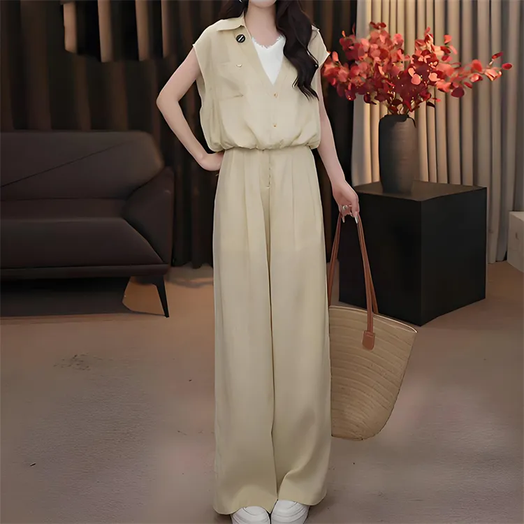 高级感穿搭一整套假两件上衣阔腿裤套装女夏季新款减龄时尚两件套