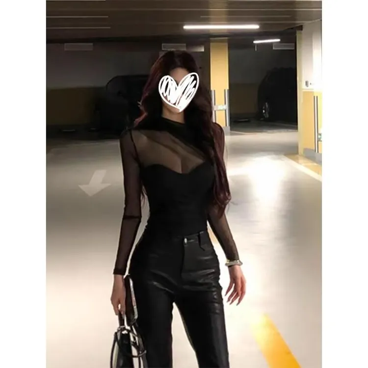 轻奢辣妹设计感上衣女秋冬装加绒打底衫修身网纱拼接内搭长袖T恤