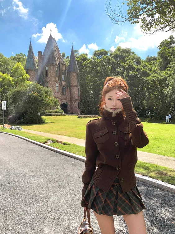 美式复古棕色立领外套女2025秋冬新款高级感拼接针织显瘦百搭外套