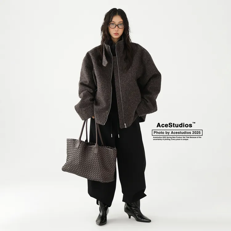 AceStudios高级感气质短款立领毛呢外套简约复古宽松廓形呢子大衣