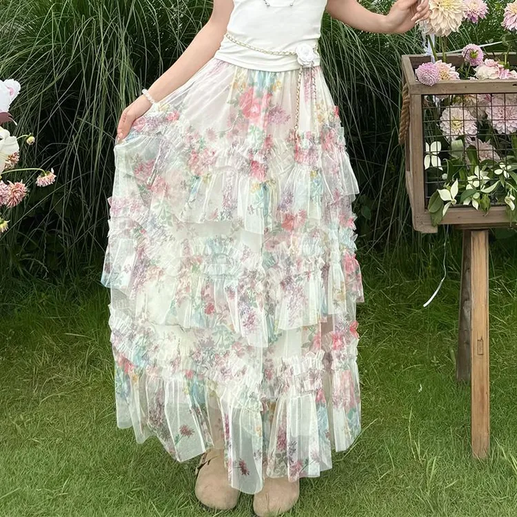 MILYROOM 韩系甜美风不规则网纱大摆蛋糕碎花裙女白色正肩短袖t恤