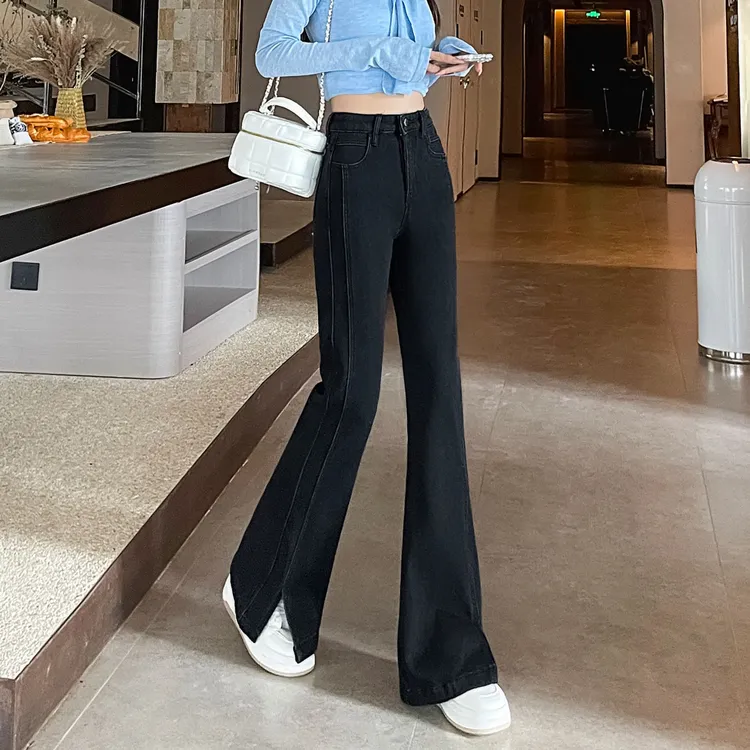 微喇开叉牛仔裤女秋冬新款高腰修身加绒显瘦弹力黑色直筒喇叭裤子