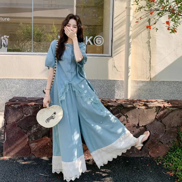 慵懒松弛感绣花套装裤女2025夏季新款不规则上衣拼接阔腿裤两件套