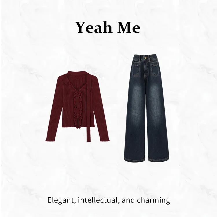 Yeah Me/也觅【云雾藏花】冬季新款高级感立体花朵上衣牛仔裤套装女