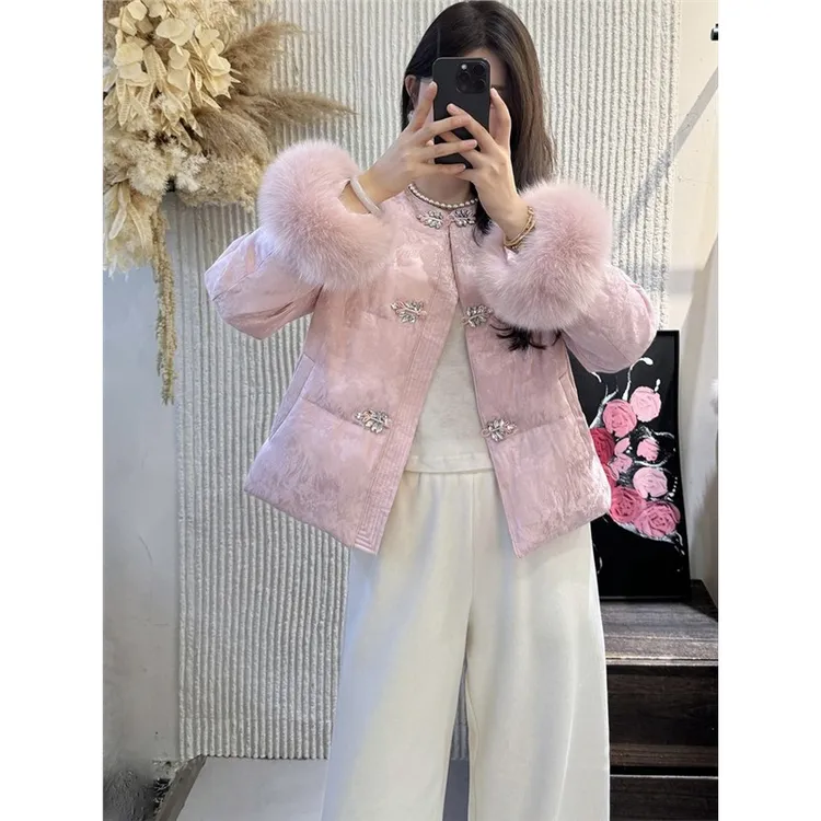 新中式人丝提花羽绒服女冬季欧货高端狐狸毛袖口90白鸭绒保暖外套