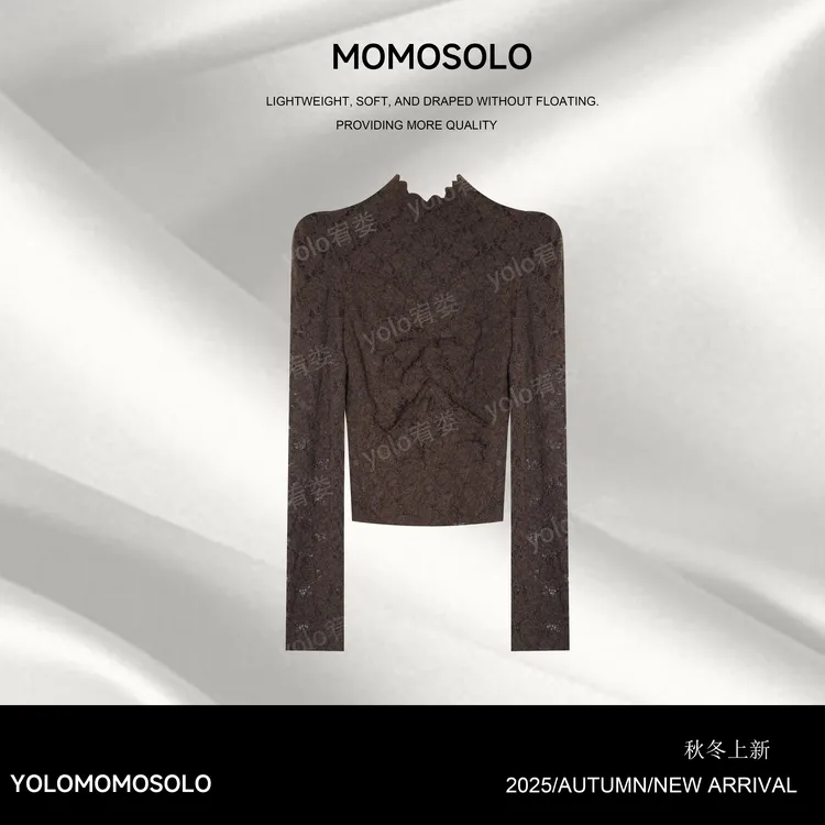 •布朗•2025冬半高领磨毛蕾丝长袖镂空弹力打底衫叠穿上衣259802