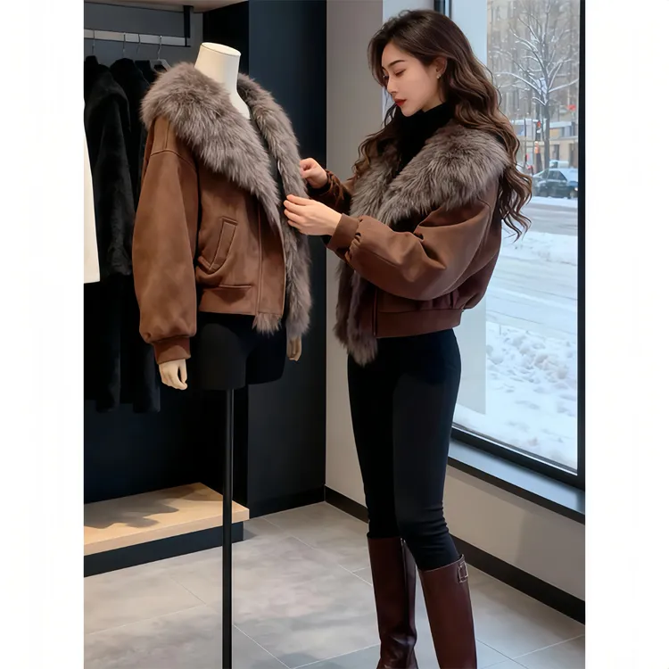 2025冬季新款中古美式毛领短款棉服女