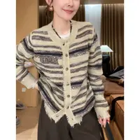 玖了个玖 2025秋季慵懒感小香风条纹针织开衫百搭外套2508C5088