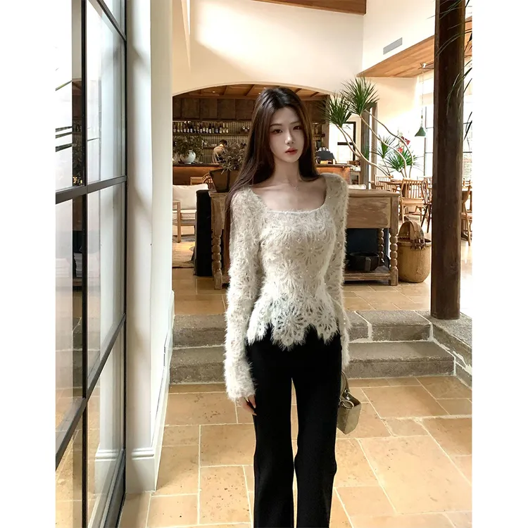 【柔织白烬】设计感长袖方领亮闪珠片内搭蕾丝衫23776#