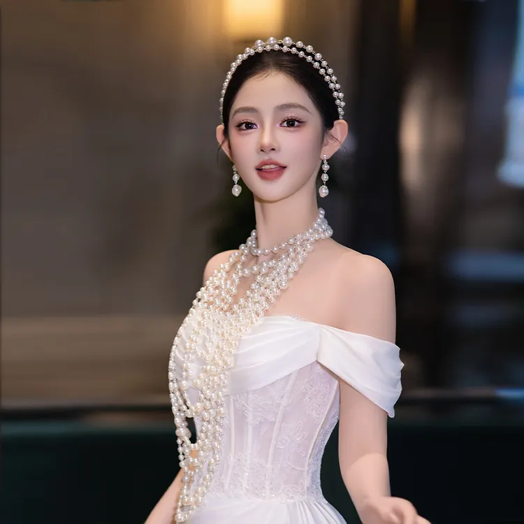 非金属仿珍珠婚庆饰品 法式新娘套装高级感复古白色串珠珍珠D0580