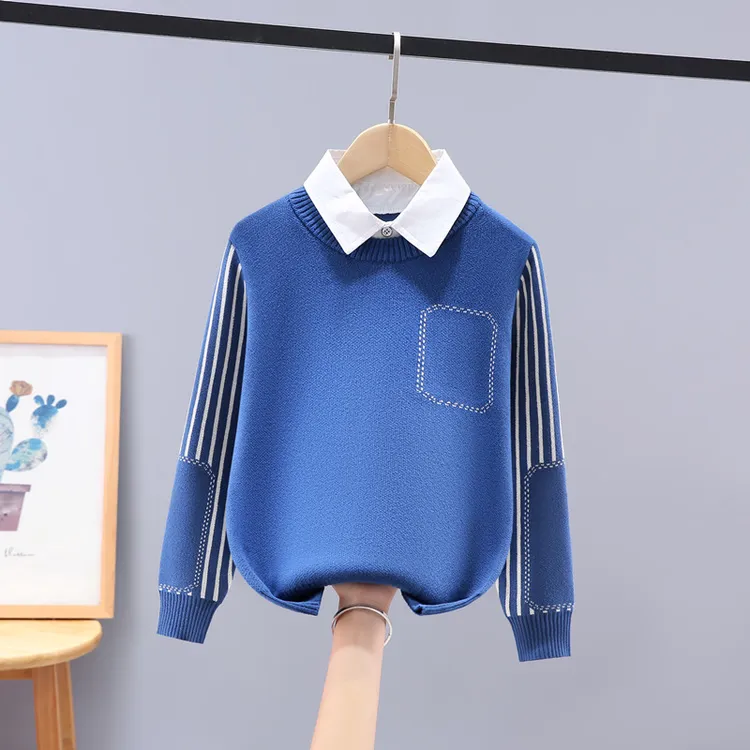 男童假两件毛衣秋冬新款学生打底中大童针织线衫加绒加厚儿童衣服
