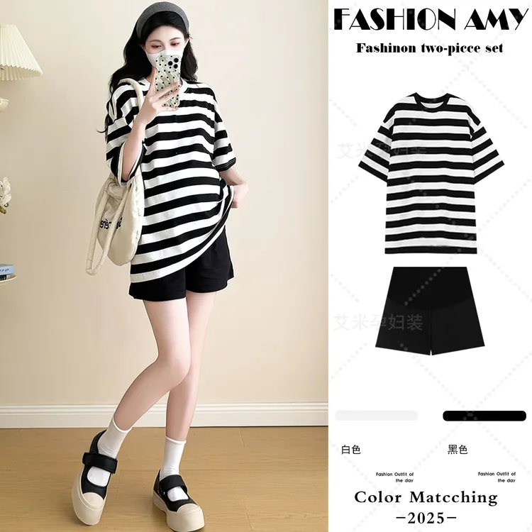 孕妇套装夏装新款时尚韩版宽松大板型条纹短袖T恤休闲托腹短裤子1