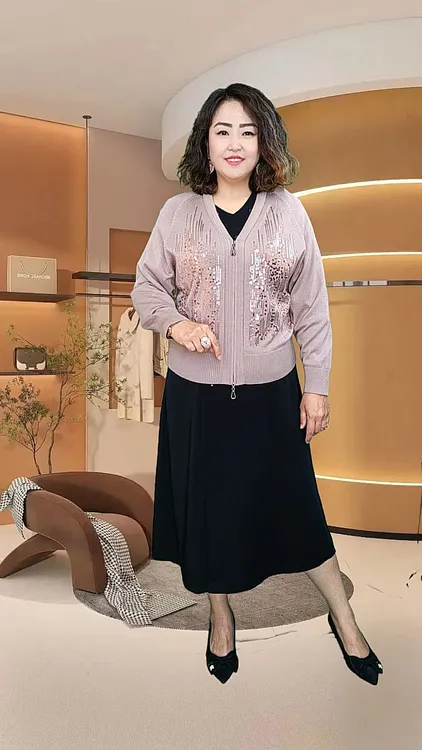 中老年妈妈装春秋针织开衫女绣花V领毛衣外套