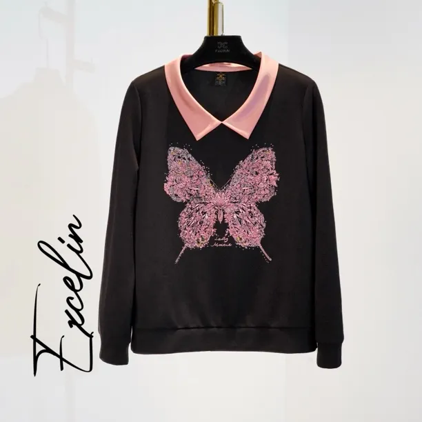 【粉蝶翻领卫衣】高档时尚柔软舒适正肩显瘦减龄洋气套头休闲女上衣