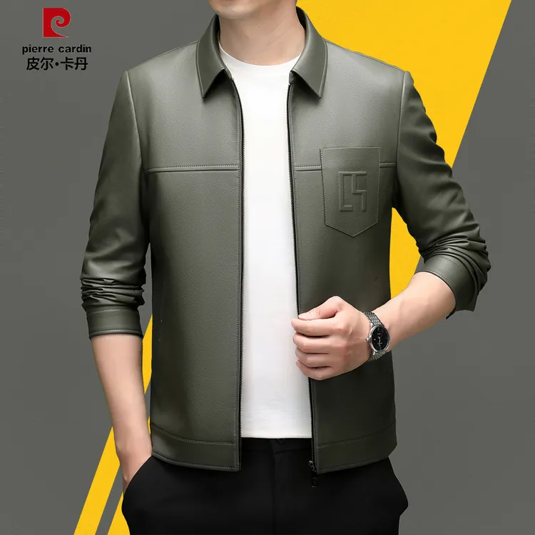 皮尔卡丹【高档生态皮】秋季精神时尚帅气短款皮夹克外套男中青年