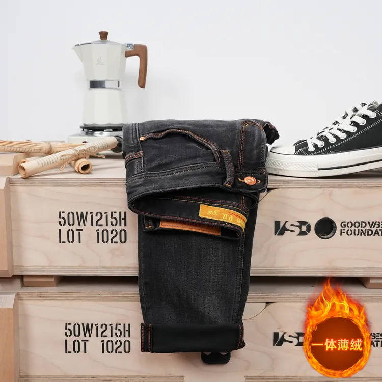 冬季新款加绒牛仔裤厚款黑灰色抓绒保暖男裤修身小直筒休闲百搭