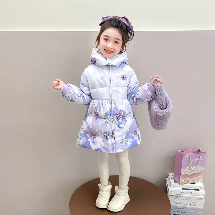 女童羽绒服中长款美人鱼冬季新款儿童卡通印花洋气白鸭绒保暖外套