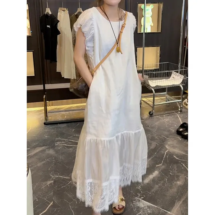 简约白色泡泡袖连衣裙女2025新款蕾丝拼接鱼尾裙显瘦百搭T恤长裙