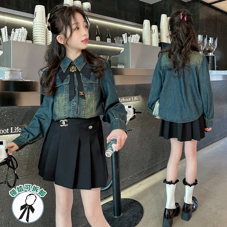 春秋装女童套装2025新款中大童牛仔衬衫百褶裙学生洋气两件套春款