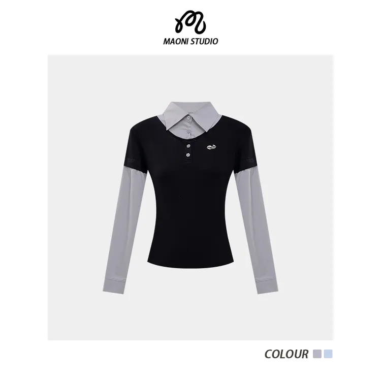 毛妮LADIESFIRST【蓝调轻吟】假两件拼接撞色衬衫领长袖上衣L2202