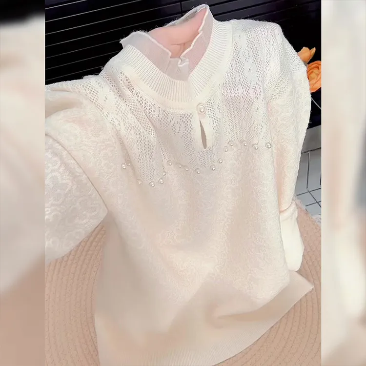 法式复古蕾丝边钉珠长袖针织衫女秋冬大码胖MM温柔风气质内搭上衣