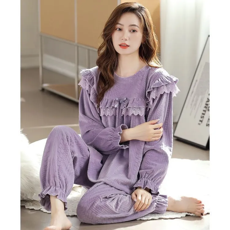 休闲慵懒风秋冬季新款海岛绒加绒加厚紫色长袖长裤睡衣女士家居服