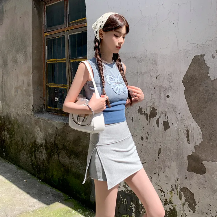 哥弟阿玛施正短裙套装休闲风不规则百搭夏季拉链半身裙显瘦牛仔