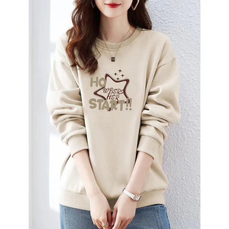 胖mm时尚百搭宽松卫衣女秋冬季韩版大码套头外套休闲圆领加绒上衣