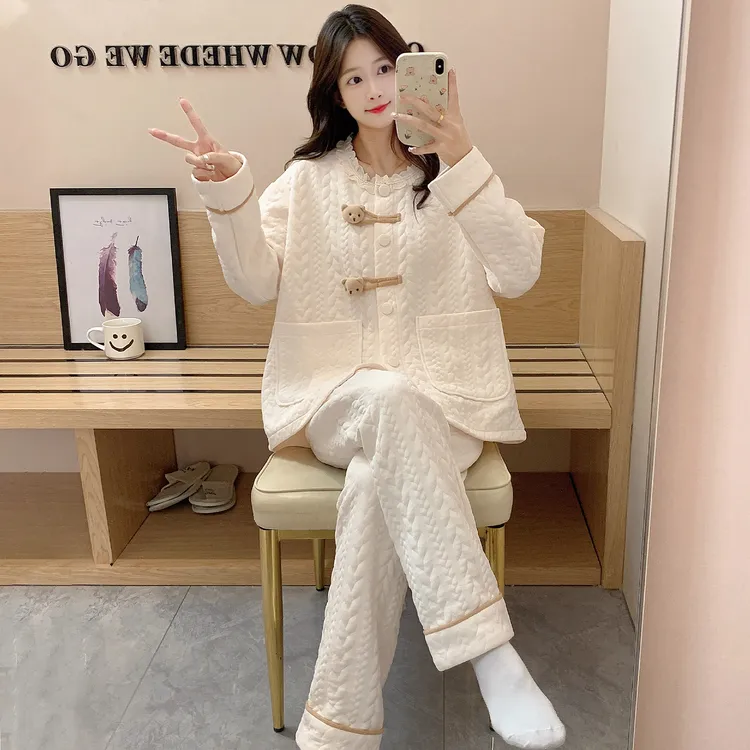加厚睡衣女秋冬空气棉夹层韩版新款保暖可外穿女士冬天家居服套装