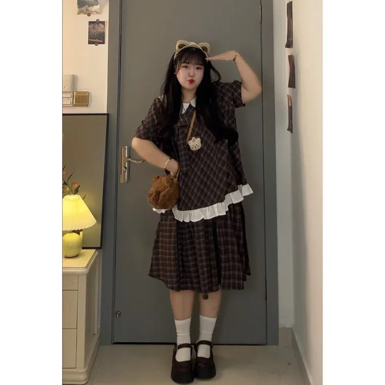 甜美可爱复古蝴蝶结娃娃衫格纹半身裙套装裙女夏两件套9281