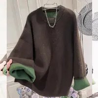 慵懒风撞色小众韩系春秋新款保暖大码套头针织毛衣女百搭圆领上衣