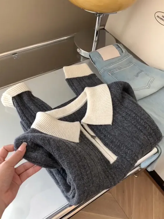 复古休闲撞色拼接polo领毛衣女秋冬气质简约百搭显瘦短款针织上衣