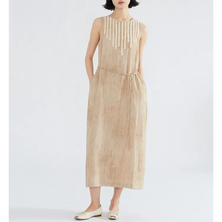 SILVIYE 亚麻混纺无袖圆领法式高级感系带收腰背心连衣裙LQ52005