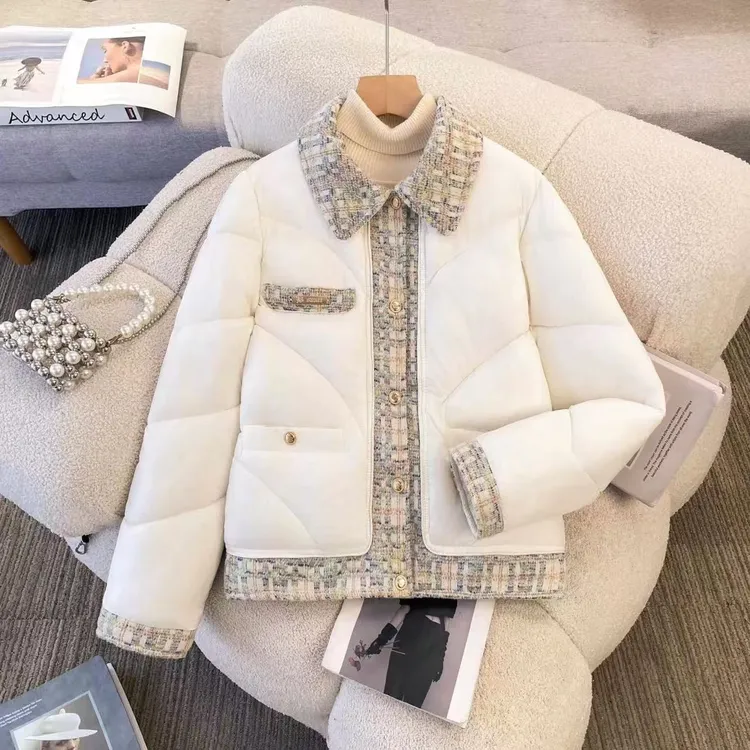 短款速干保暖女翻领厚款拼接棉服小香风加厚白色冬季