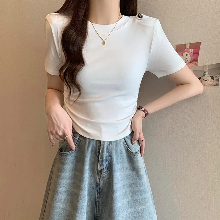 白色不规则设计感小众夏季新款修身辣妹显瘦T恤正肩高腰短款百搭