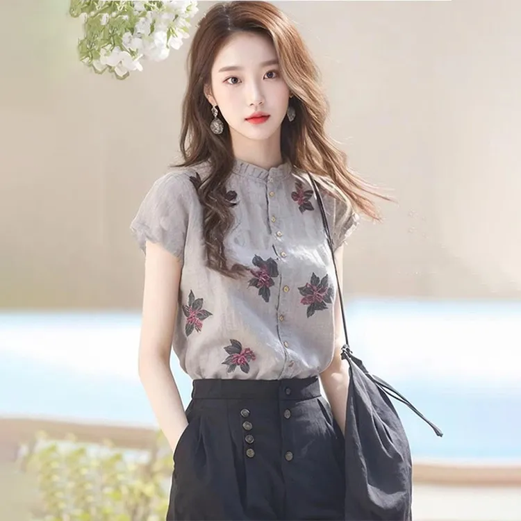 法式复古印花花边领拼接衬衫女春季新款洋气减龄短袖通勤百搭上衣