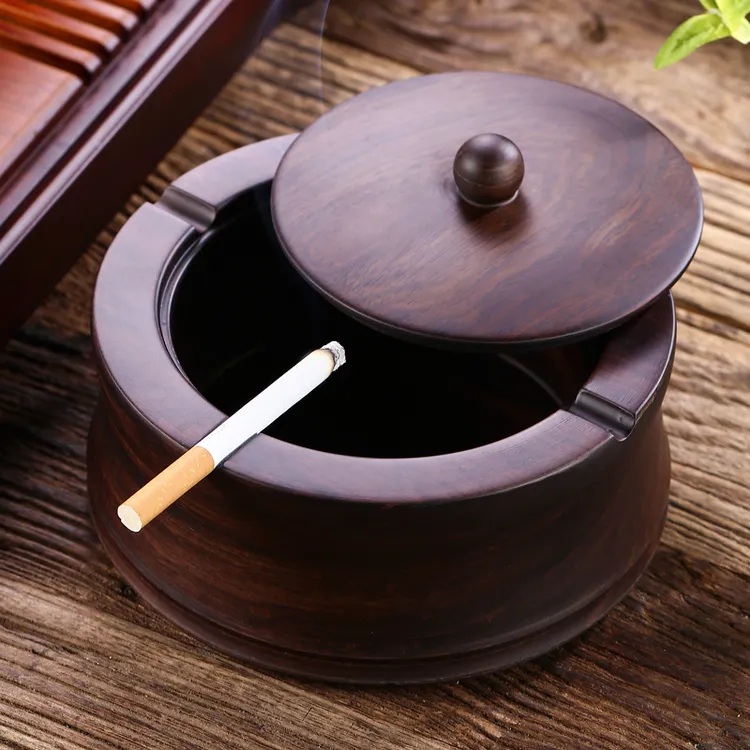 加高烟灰缸带盖家用大号创意个性潮流黑檀实木防飞灰木质客厅中式