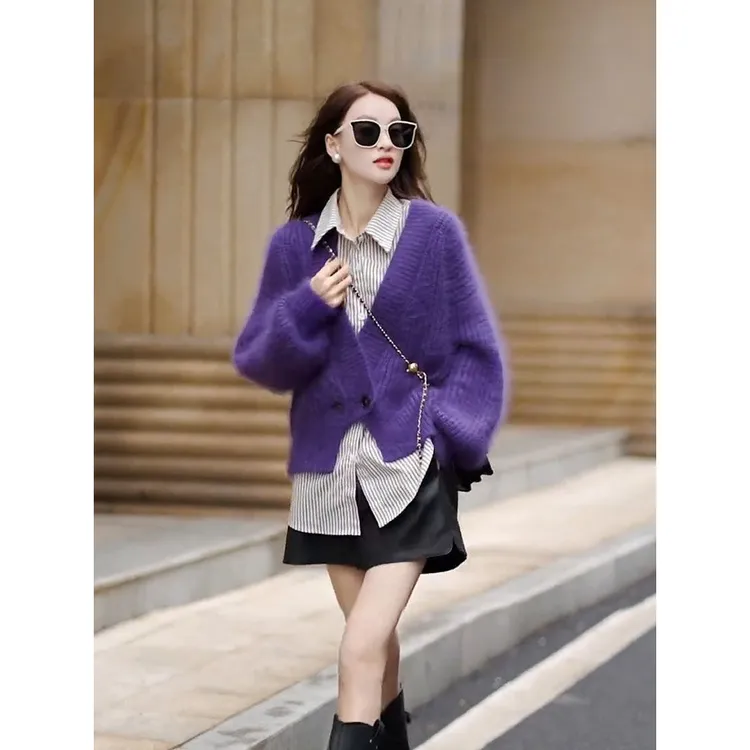 K网红爆款2024新款慵懒风超好看紫色马海毛毛衣开衫外套三件套装