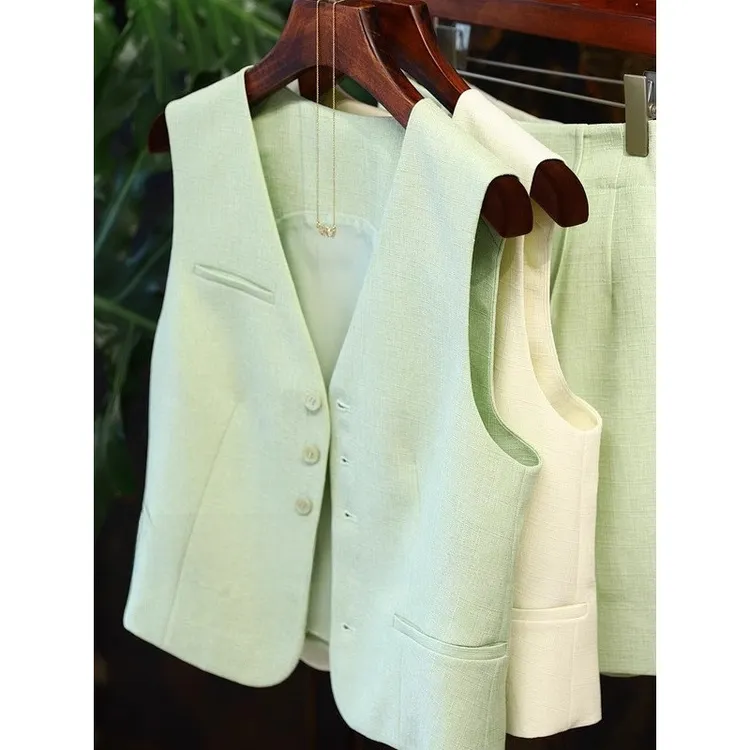 气质好的想转圈圈！时尚女装通勤西服套装女V领修身马甲+直筒中裤