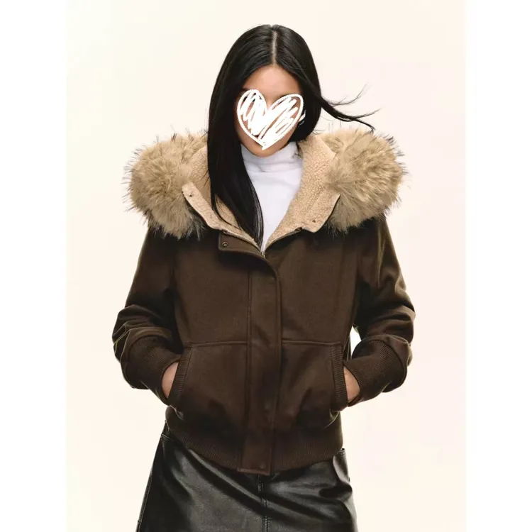 H1399【叙事冬日】冬季美式复古咖棕色高级连帽大毛领短外套女